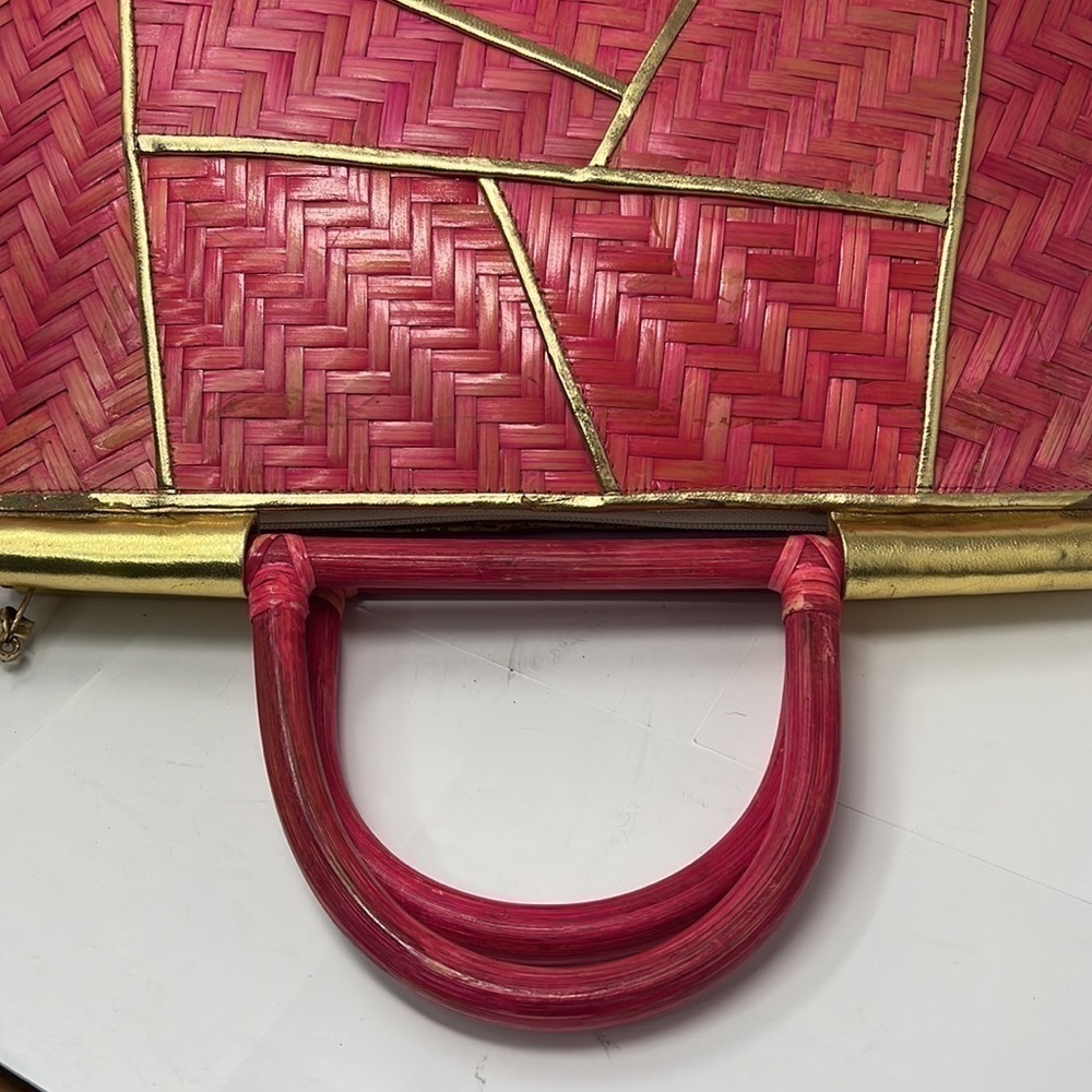 Pink Rattan Gold Lame Leather Zip Large Structured Handbag - Picture 13 of 16